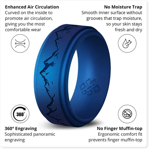 Vista 4 de Knot Theory Anillo de silicona para hombre, grabado de montaña, ondas, bosque, ancho de banda de 0.315 pulgadas, transpirable, ajuste cómodo