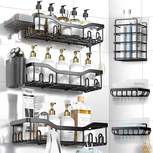 Vista 26 de NESOMI Organizador de Ducha Adhesivo Juego de 7 Piezas, Estantes de Baño de Acero Inoxidable a Prueba de Óxido, Accesorios de Almacenamiento sin
