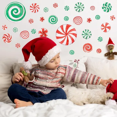 Vista 4 de 78 calcomanías de pared de caramelo de Navidad de acuarela, calcomanías de pared de Navidad, calcomanías de piso de caramelo de menta para Acuarela