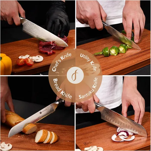 Vista 2 de Juego de 4 cuchillos de cocina profesional, juego de cuchillos de chef de acero inoxidable alemán de Damasco con caja de madera, cuchillo de chef