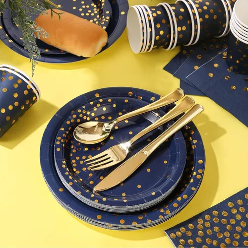 Vista 6 de 175 platos y servilletas azules para fiestas, decoraciones de fiesta azules y doradas para 25 invitados, platos de papel azul rey para decoraciones