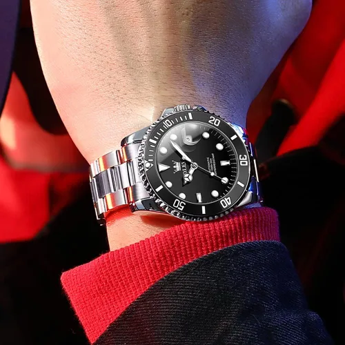 Vista 3 de Reloj automático de viento automático para hombre, reloj de lujo de acero inoxidable con fecha, reloj clásico impermeable con bisel giratorio