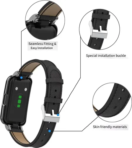 Vista 5 de Bandas compatibles con Huawei Band 10/9/8/7, accesorios de correa de repuesto de cuero con marco de metal para Huawei Band 7/8/9/10 Negro