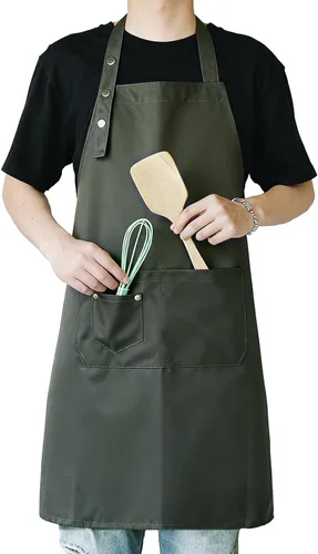 Vista 11 de Delantales de arte para pintar cerámica, delantales de cocina para hombres y mujeres impermeables verdes