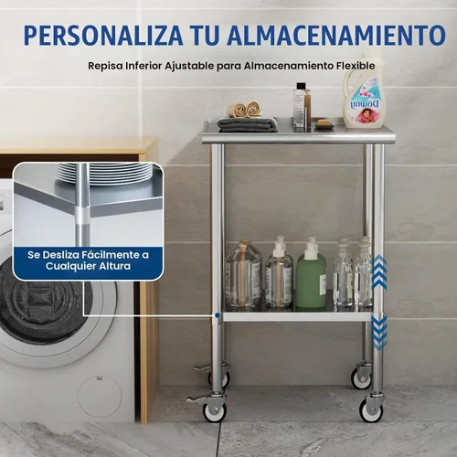 Vista 4 de Mesa de trabajo de acero inoxidable con ruedas, 24x24 pulgadas, mesa de preparación de alimentos NSF con salpicadero y estante inferior ajustable