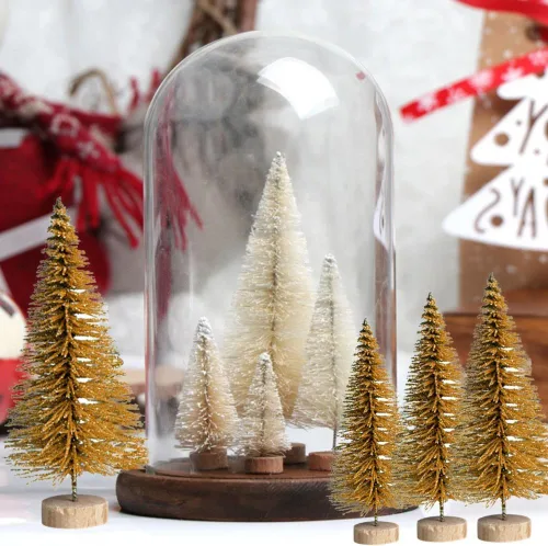 Vista 4 de 8 piezas de mini árbol de Navidad, árboles de Navidad en miniatura con base de madera, árboles de cepillo de botella dorados, árbol de Navidad