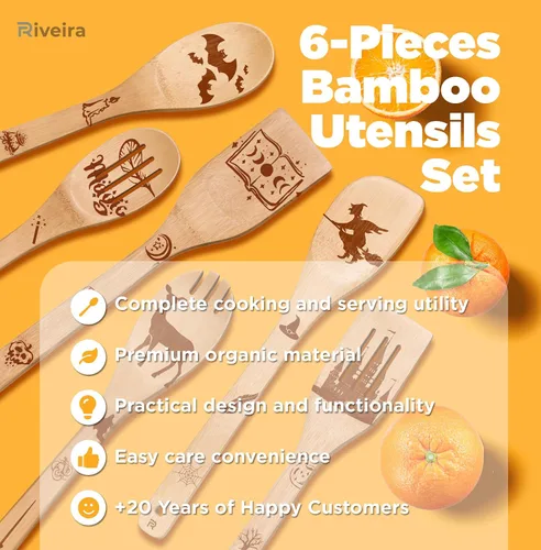 Vista 3 de Riveira Magic Wizard Gifts - Juego de 6 cucharas de madera orgánica para cocinar, regalos de Navidad para mujeres, utensilios de cocina, espátulas