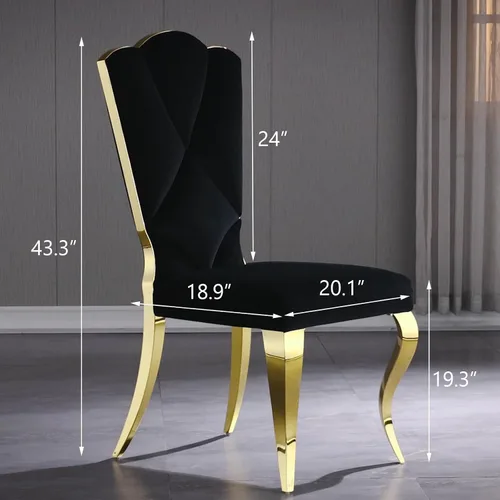 Vista 2 de Juego de 2 sillas de comedor de terciopelo negro y dorado, sillas de cocina tapizadas con respaldo alto con patas de acero inoxidable pulido, sillas