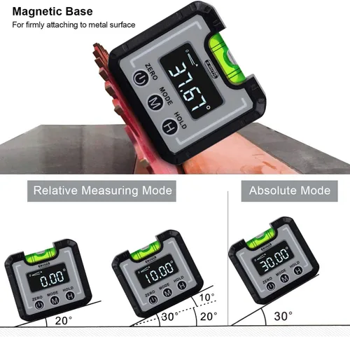 Vista 3 de Buscador de ángulo digital magnético y vial de burbujas de nivel, inclinómetro de calibre de ángulo de 90 °, transportador de calibre cónico
