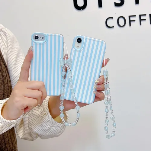 Vista 2 de Bonita funda a rayas para iPhone 6 Plus iPhone 6s Plus con cadena de cuentas, estética suave y delgada, funda protectora de poliuretano