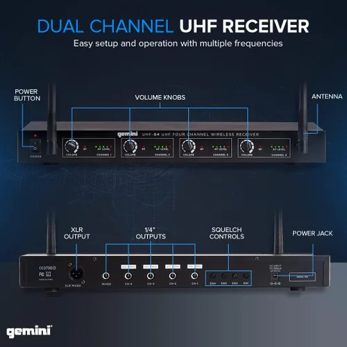 Vista 5 de Gemini Sistema de micrófono de mano inalámbrico UHF de 4 micrófonos (UHF-04M)