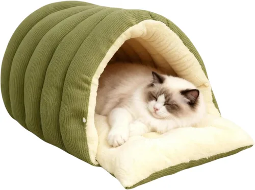 Vista 6 de Carpa acogedora de felpa para gatos, cueva cerrada cálida para gatos y Verde