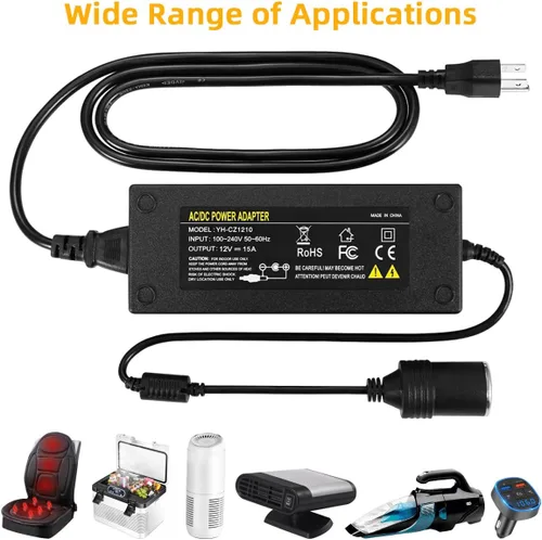 Vista 11 de Convertidor de CA a CC de 180W, adaptador de corriente de 110V a 12V 15A para encendedor de cigarrillos de auto AC/CC, fuente de alimentación