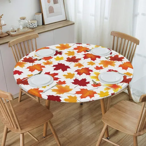 Vista 7 de Fiokroo Mantel de hojas de arce otoñales con borde elástico, mantel redondo de Acción de Gracias hoja de otoño lavable reutilizable cubierta de mesa