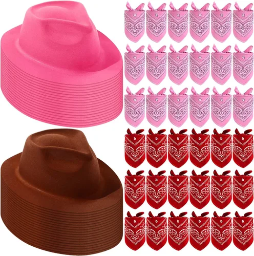 Vista 8 de Hillban 72 Piezas Juego de Sombrero de Vaquero del Oeste y Bandana de Paisley para Niños Sombreros de Fieltro de Vaquero para Favores de Fiesta