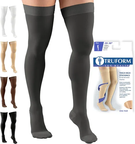 Vista 13 de Truform - Medias de compresión de 20-30 mmHg para hombres y mujeres, altura hasta el muslo, punta cerrada, con detalle de punto, beige, talla S