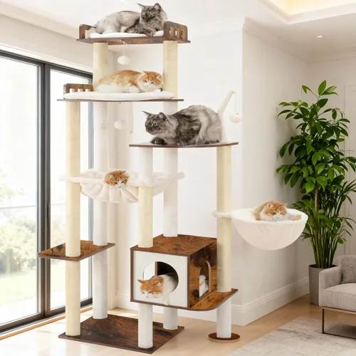 Vista 2 de Heybly Árbol para gatos, torre alta de madera para gatos grandes de Marrón rústico