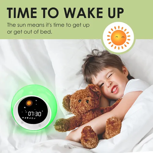 Vista 5 de Reloj despertador para niños, entrenador de sueño infantil con luz nocturna, máquina de sonido de sueño y temporizador de sueño
