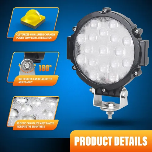 Vista 5 de Willpower 2 piezas 7 pulgadas 51 W negro punto haz redondo LED trabajo barra de luz DC 9-30 V para camión coche ATV SUV 4X4 Jeep camión lámpara