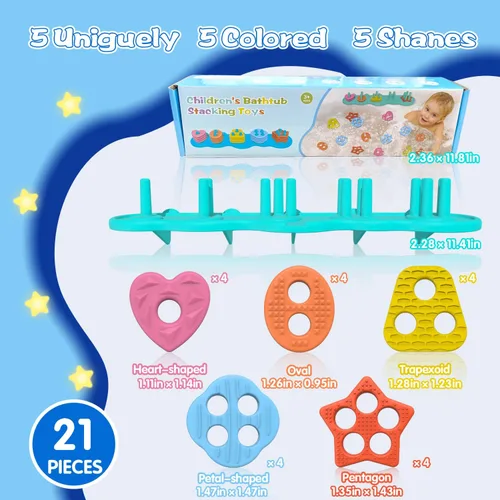 Vista 5 de Juguetes de baño con succión para bebé, juguete de baño de silicona sin moho, clasificador y apilable, juguetes sensoriales y el mejor regalo