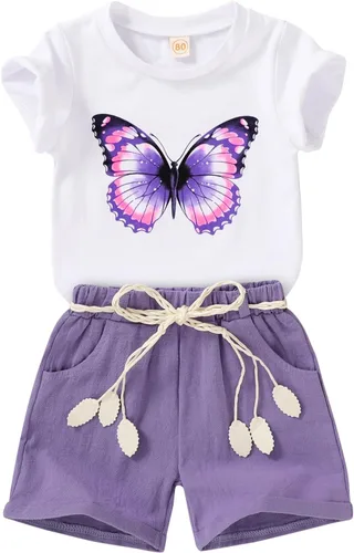 Vista 27 de YOUNGER TREE - Conjunto de ropa para bebés y niñas, camiseta de sandía y pantalones cortos de lino con cinturón, conjunto de verano lindo Abeja feliz