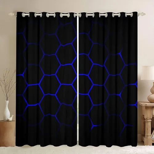 Vista 26 de Feelyou - Cortinas de ventana en forma de panal, tema geométrico hexagonal con luces de neón verdes, para chicos adolescentes y hombres, elegante