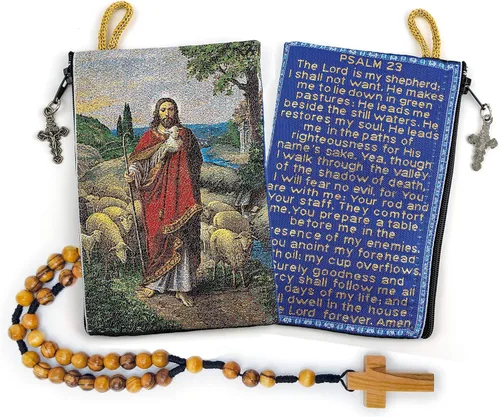 Vista 13 de Bolsa de rosario con cuerda católica de madera de olivo, rosario de Israel, Jesús Rey del Universo y creo en Dios, tela tejida, estilo tapiz, bolsa
