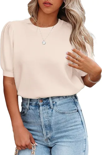 Vista 3 de Foonid Suéter de manga corta abombada para mujer, cuello redondo, ligero, de punto, básico, color liso, blusa
