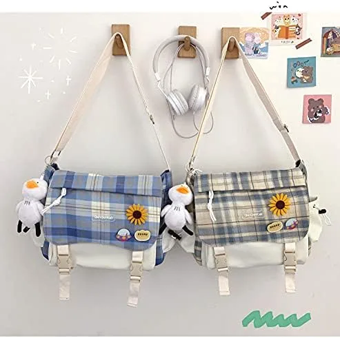 Vista 4 de Mochila kawaii japonesa para la escuela estética lindas bolsas a cuadros bolsa de mano Harajuku Ita Bolsa cruzada Kawaii para niñas Azul Patchwork