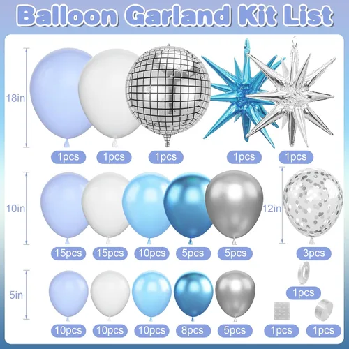 Vista 2 de Kit de guirnalda de arco de globos de color azul, blanco y plateado con globos de bola de discoteca, globos de papel de aluminio de estrella