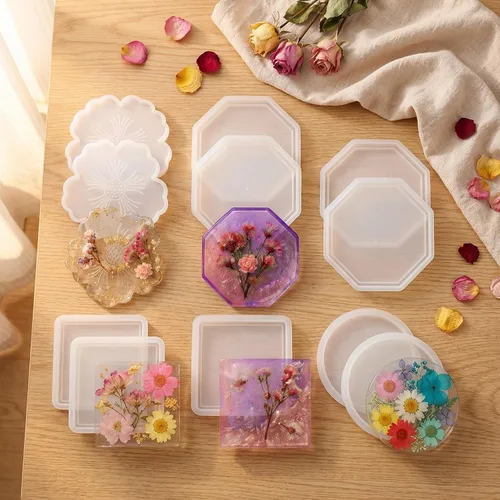Vista 3 de Moldes de posavasos de resina Loyohep, moldes de silicona para resina, 12 piezas con moldes de posavasos redondos, cuadrados, octagonales y florales