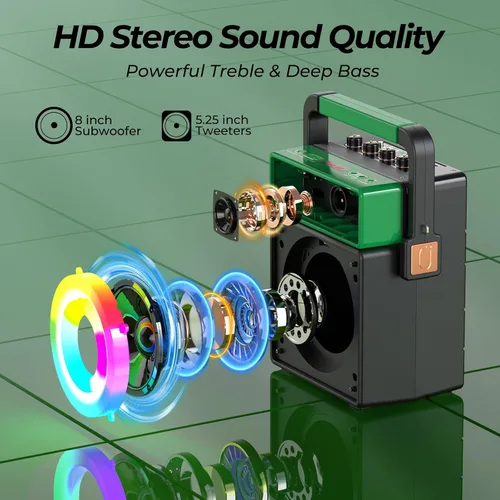 Vista 8 de JYX Sistema de altavoces PA Bluetooth con 2 micrófonos inalámbricos, máquina de karaoke retro de 60 W con luces LED, soporta grabación, entrada