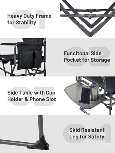 Vista 8 de TIMBER RIDGE Silla de camping resistente con tamaño compacto, silla de directores portátil con mesa auxiliar y bolsillo para camping, césped