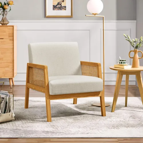 Vista 6 de Yaheetech Silla decorativa, sillón moderno de ratán, cómoda silla de lino con patas de madera para sala de estar, dormitorio, sala de lectura, Beige