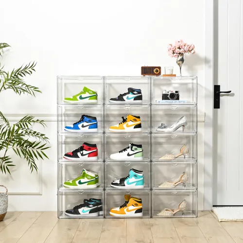 Vista 4 de Organizador de zapatos transparente, estuche apilable para zapatos, cajas de almacenamiento con puerta magnética, se adapta a tamaños de zapatos