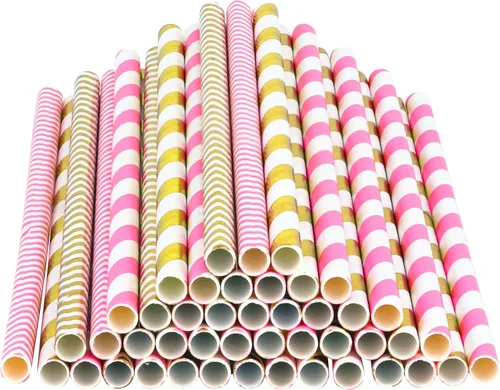 Vista 5 de DuraHome - Paquete de 200 pajitas de papel biodegradables con diseño de rayas doradas y rosas de 8.25 pulgadas para uso diario, fiesta de Dorado