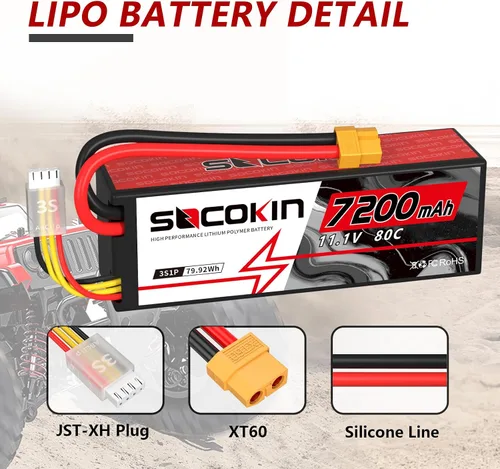 Vista 2 de 3S 11.1V Lipo Batería 7200mAh 80C Lipo Batería con estuche rígido XT60 Plug para RC Racing Truck Boat Car Racing RC Heli Airplane y Slash 1/10