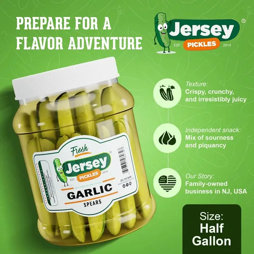 Vista 5 de Jersey Pickles - Lanzas de eneldo de ajo frescas (medio galón) - Fresco, apto para dieta cetogénica y perfecto para aperitivos, sándwiches