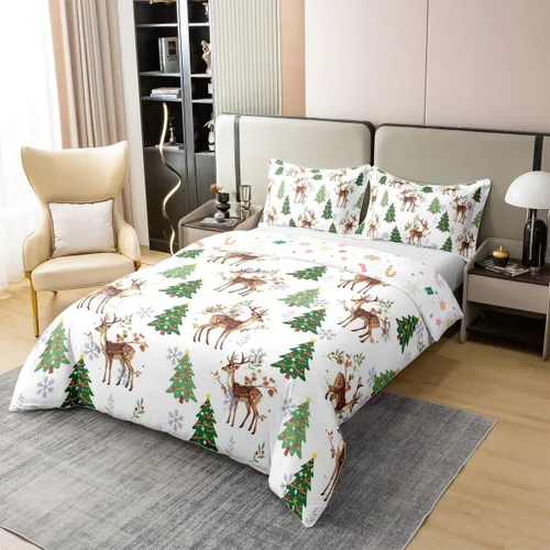 Vista 3 de Erosebridal Funda de edredón de Navidad 100% algodón, ropa de cama de ciervos de Navidad de dibujos animados para niños y niñas, campanas de copo