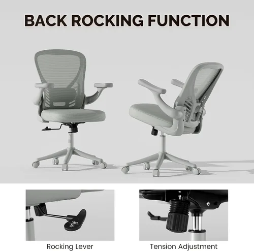 Vista 6 de Ollega Silla de escritorio para computadora con ruedas, silla de oficina de malla con brazos abatibles, soporte lumbar ajustable, silla de Gris