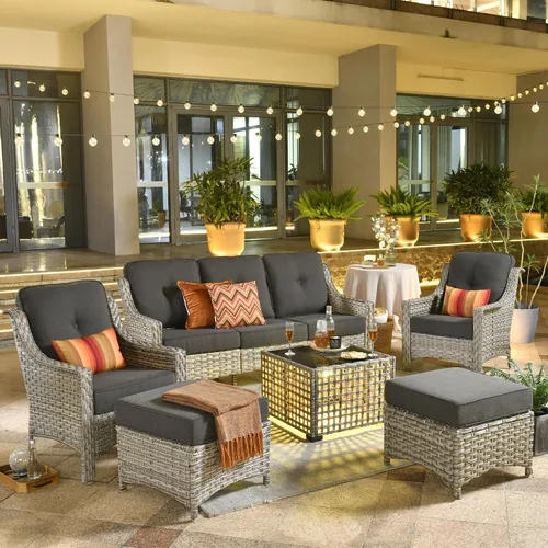 Vista 25 de ovios Muebles de patio al aire libre de 4 piezas con sofá de 3 asientos, juego de cubierta de mimbre de ratán con respaldo alto, sofá individual
