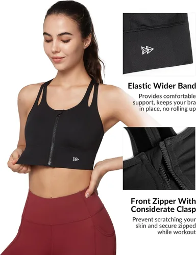 Vista 5 de Yvette Sujetadores deportivos para mujer de alto impacto con cremallera frontal, brasier deportivo de alto soporte, busto grande para entrenamiento