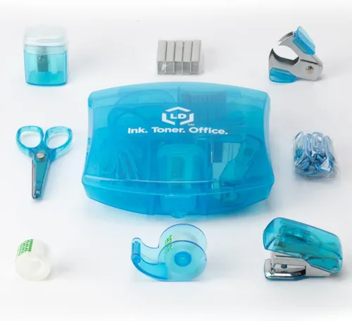 Vista 6 de Kit de suministros de oficina mini LD Products negro estuche portátil con tijeras, clips de papel, juego de dispensador de cinta, sacapuntas