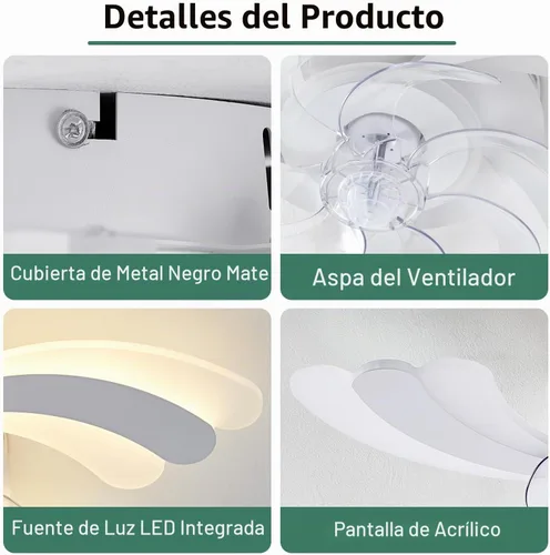 Vista 4 de Ventilador de techo de perfil bajo con control remoto y aplicación, motor silencioso y luz LED regulable, ventilador de techo de montaje empotrado