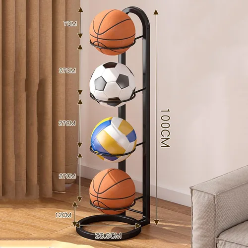 Vista 2 de Estante de almacenamiento para pelotas de baloncesto, organizador de almacenamiento de bolas de cubo de 4 niveles para interiores, soporte