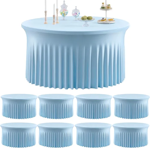 Vista 7 de Paquete de 6 manteles redondos de elastano azul bebé para mesa de 60 pulgadas, manteles elásticos de 120 pulgadas ajustables de 5 pies, manteles
