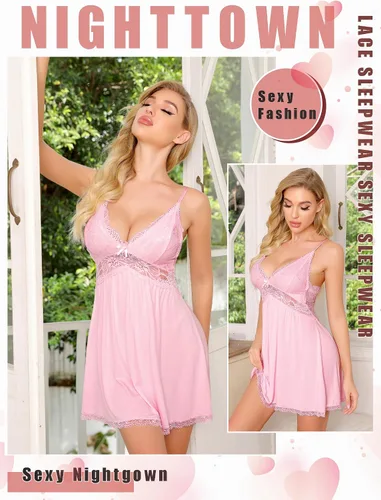 Vista 3 de Avidlove Camisón de noche de encaje modal para mujer, ropa de dormir con cuello en V y lencería sexy