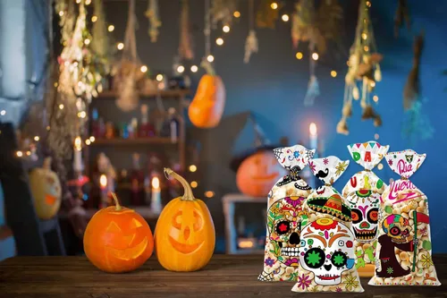 Vista 4 de Threetols 100 bolsas de celofán para Halloween, Día de los Muertos, bolsas de celofán para golosinas de celofán, calavera de azúcar, flores, bolsas