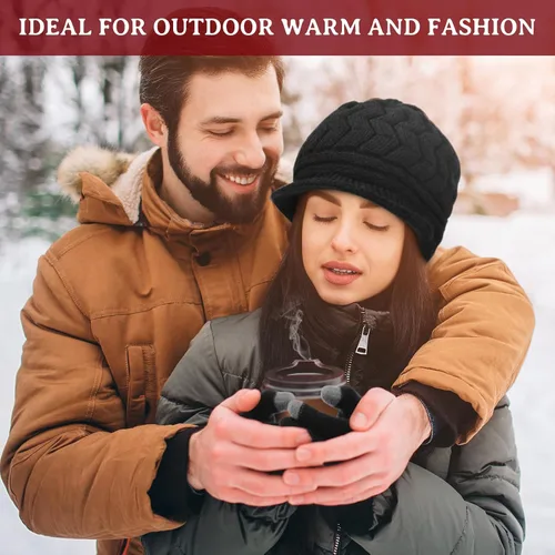 Vista 21 de SATINIOR Juego de 4 gorros y guantes de invierno para mujer, gorro de punto cálido, gorro de esquí de nieve con visera y guante para pantalla rojo