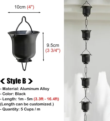 Vista 5 de Black Rain Catcher Chain with Hook, Aluminum Rain Chain Gutter Downspout Replacement, Outdoor Decor Rain Cups Water Feature Downpipe,Style Style B